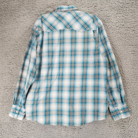 Wrangler Shirt Mens Medium Wrancher Blue Plaid Long Sleeve Pearl Snap Western - Picture 7 of 8